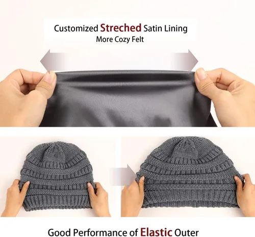 Miniatura 3 de Winter Knit Beanie for Women Satin Lined Cable Thick Chunky Cap Mens Soft Slouchy Warm Hat