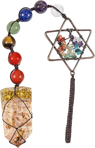 Miniatura 4 de rockcloud Adorno colgante de 7 piedras de chakras, hecho a mano, hexagrama, árbol de la vida, adorno para colgar con varita de cristal de resina