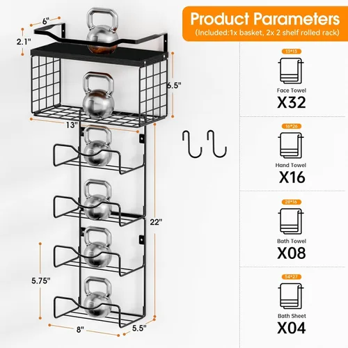 Miniatura 7 de Toalleros para baño, toallero montado en la pared, soporte para toallas de 6 niveles enrolladas o dobladas con estantes flotantes, portotoallas