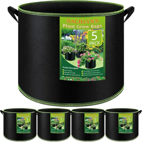 Miniatura 9 de NACHLYNN Paquete de 5 bolsas de cultivo de 5 galones, macetas de tela de aireación resistentes con asas, macetas de tela no tejida gruesa
