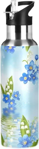 Blue White Flowers Insulated Water Bottle 32 Oz, BPA-Free Sports Water Bottle with Straw Leakproof Water Bottles