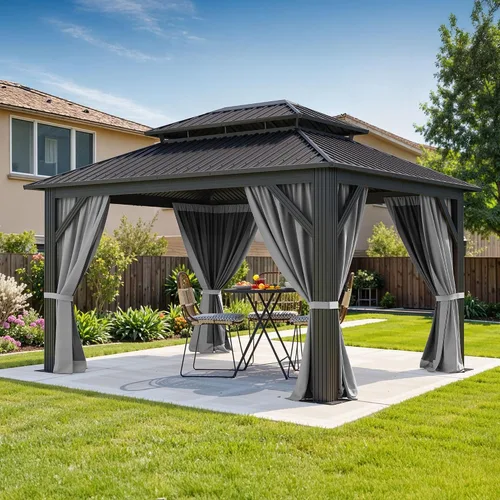 Miniatura 12 de DWVO Gazebo de techo rígido de 10 x 10 pies, techo doble con redes y cortinas, techo de rayas verticales de acero galvanizado resistente para patio