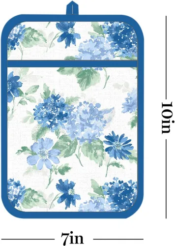 Miniatura 12 de Martha Stewart Juego de 2 manoplas de horno y agarraderas florales ámbar, azul/verde, OM: 7"x13" y PH: 7"x10