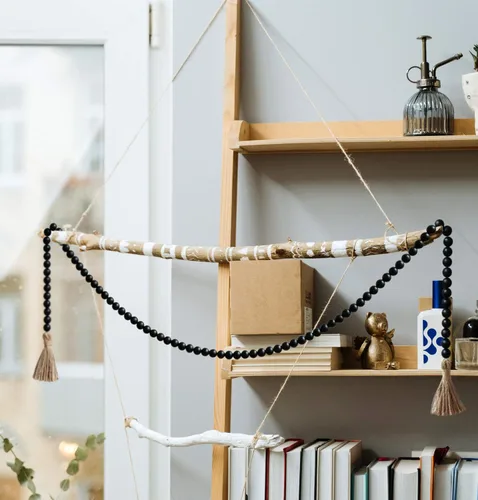 Miniatura 2 de Guirnalda de cuentas de madera de 58 pulgadas con borlas, decoración rústica de granja, decoración de oración bohemia para colgar en la pared (negro)