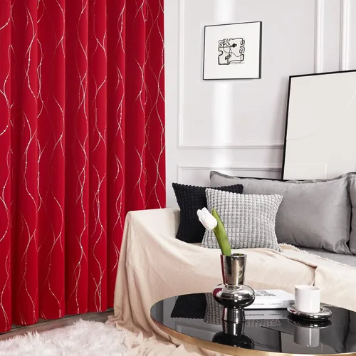 Miniatura 5 de Deconovo Cortinas navideñas, cortina roja, cortinas opacas, cortina térmica aislada y reductora de ruido con estampado de líneas onduladas y puntos
