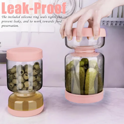 Miniatura 4 de Homnoble - Tarro de reloj de arena con pepinillos y aceitunas con colador abatible para separador de jugo de húmedo y seco, tapa de ABS de grado Rosa