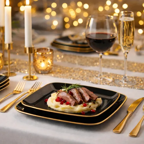 Miniatura 4 de Blue Sky Platos desechables negros orgánicos de 6 pulgadas cuadrados (10 unidades) Vajilla de plástico con borde dorado para fiestas
