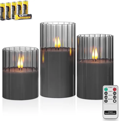 Rhytsing Velas LED de vidrio acanalado ahumado que funcionan con pilas con control remoto, velas sin llama con temporizador, juego de regalo para