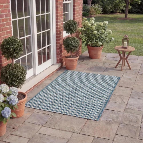 Miniatura 36 de SAFAVIEH Alfombra lavable al aire libre Courtyard Collection - 6'7" x 9'6", azul claro y gris claro, no desprende pelusa y fácil limpieza, ideal