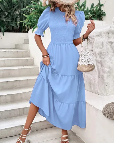 Miniatura 13 de BTFBM Vestidos para mujer, cuello redondo, casual, de verano, con volantes, manga corta, bohemio, con niveles, fruncido, largo, con estampado floral