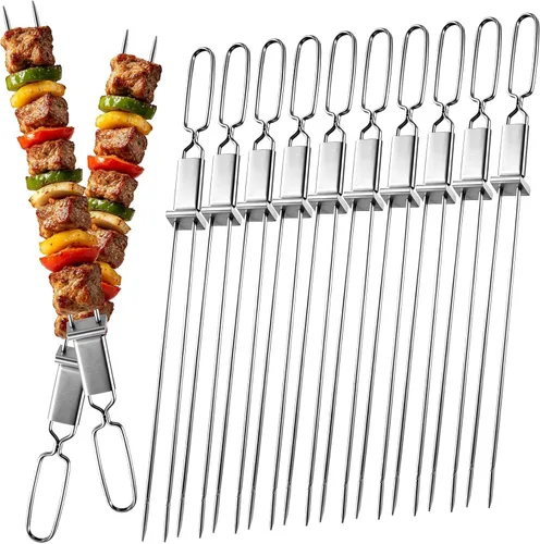 Brochetas para Asar - Brochetas de 33 cm con Barra de Empuje de Doble Punta Antideslizante de Metal para Kabobs, Brocheta de Acero Inoxidable