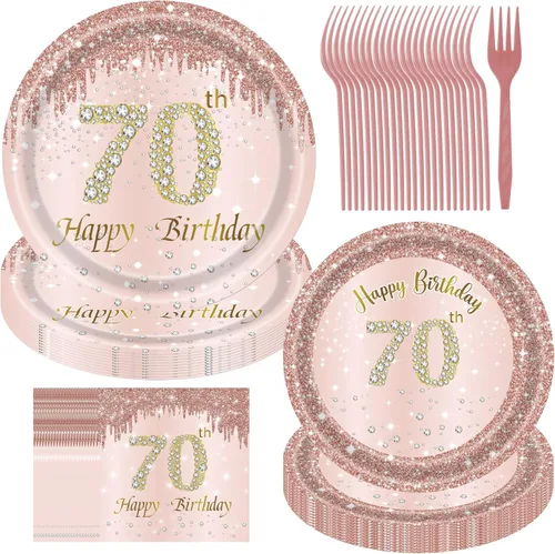 Miniatura 9 de Decoraciones de cumpleaños número 50 para mujer, platos de oro rosa, decoraciones de oro rosa, 96 platos de papel rosa y servilletas para niñas
