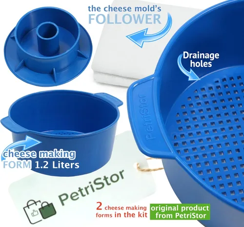 Miniatura 4 de PetriStor Kit de fabricación de quesos – 2 piezas de molde de queso con un pistón seguidor azul y gasa de algodón – Cesta para hacer queso – Paneer
