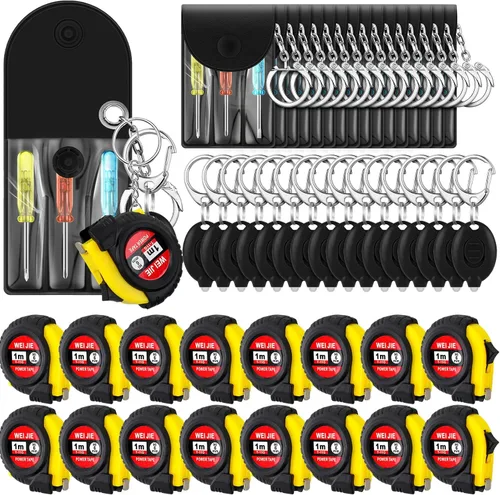 Miniatura 15 de Jutom Juego de 18 llaveros con mini destornillador, cinta métrica, luces LED, regalo para el día del padre, a granel para hombres adultos (colorido)