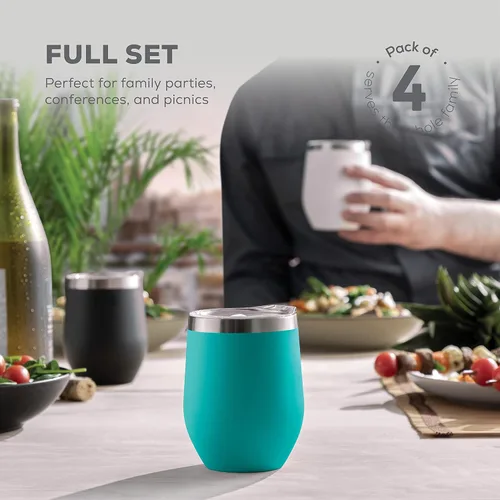 Miniatura 7 de FineDine Vaso de vino con triple aislamiento con tapa (paquete de 4) juego de vidrio de acero inoxidable de 12 onzas, mantiene las bebidas calientes