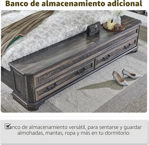 Miniatura 5 de T4TREAM Cama Queen de granja con cabecera y banco de almacenamiento, cama de plataforma de madera rústica con baúl de almacenamiento de 64 pulgadas