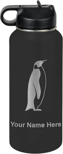 Miniatura 75 de LaserGram Botella de agua personalizada, pingüino, acero inoxidable de doble pared aislada al vacío con popote superior, regalo grabado