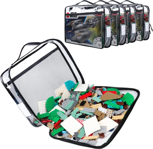 Tesuko Paquete de 4 bolsas organizadoras de almacenamiento de juguetes para ladrillos Lego, juego de bloques de PVC transparente con cremallera con