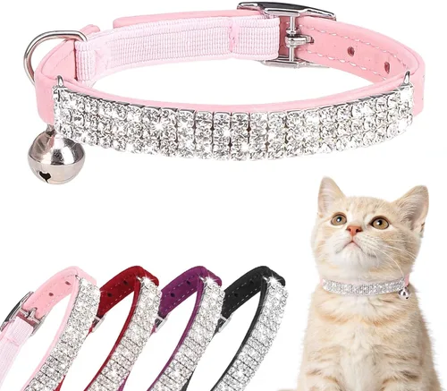 BINGPET collar ajustable para gatos, de terciopelo suave, seguro, collares Bling diamante con cascabel, Adjustable, Rosado claro Rosa (diamantes de