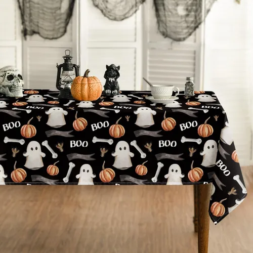 Horaldaily Mantel rectangular de Halloween de 52 x 70 pulgadas, color negro con calabaza fantasma, lavable, para decoración de fiestas, pícnic, cenas