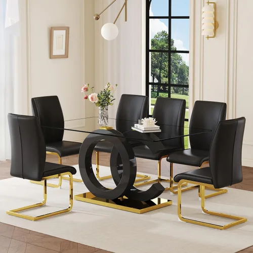 Juego de mesa de comedor de cristal de 63 pulgadas para 6, juego de mesa de comedor moderno para 6, mesa de vidrio templado con patas negras en