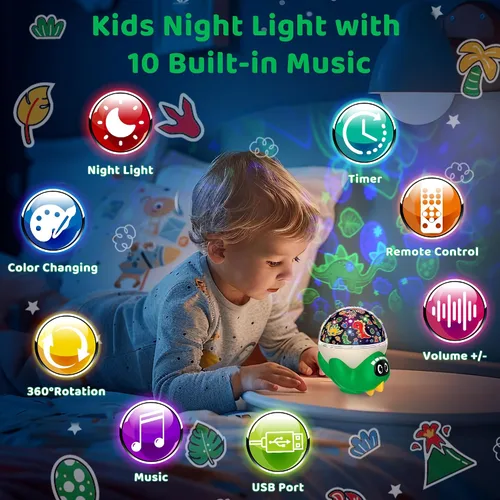 Miniatura 2 de Proyector de luz nocturna de dinosaurio para habitación de niños, lámpara de dino para niño o niña con 10 músicas relajantes y temporizador, control