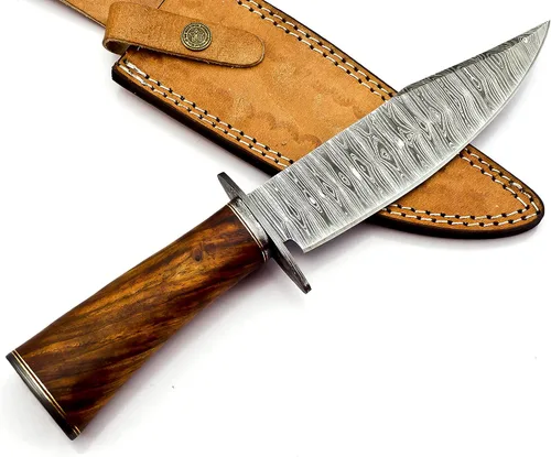 Miniatura 2 de Nooraki BK-348 Cuchillo Bowie hecho a mano de acero de Damasco con funda de cuero, cuchillo multiusos, mango de palisandro con protector de damasco