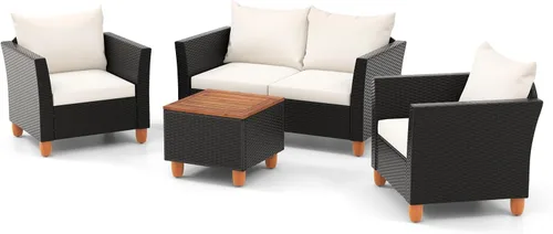 Miniatura 10 de HAPPYGRILL Juego de 4 piezas de mimbre para patio, silla de ratán de polietileno y otomana con cojines extraíbles, mesa de centro de almacenamiento
