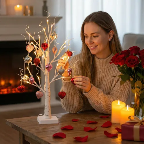 Miniatura 3 de Lámpara romántica de árbol de abedul en forma de corazón, decoración del día de San Valentín, árbol de abedul iluminado con adornos de corazón, haz