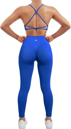 SUUKSESS Conjuntos de entrenamiento sin costuras para mujer, sujetador deportivo con tiras y cintura alta, pantalones cortos