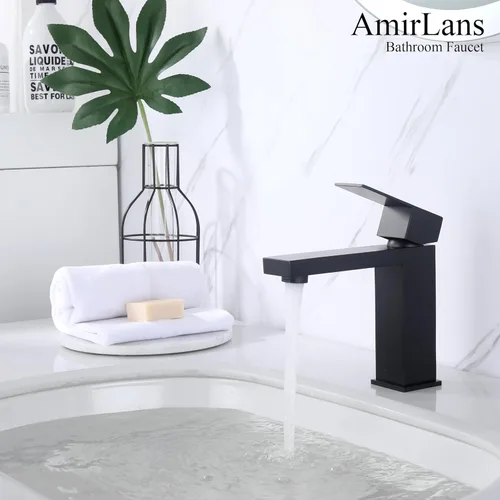Miniatura 6 de Grifo negro para baño, grifo de baño negro mate de acero inoxidable con un solo orificio con drenaje emergente, grifo de una sola manija AML-1141-BK