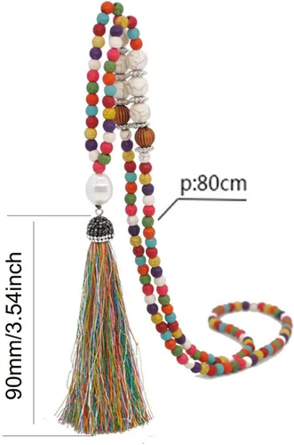 Miniatura 2 de Collar largo de borla hecho a mano con perlas de cristal turquesa, collar para mujer, joyería de moda, sin metal, Multicolor, 43531-80387