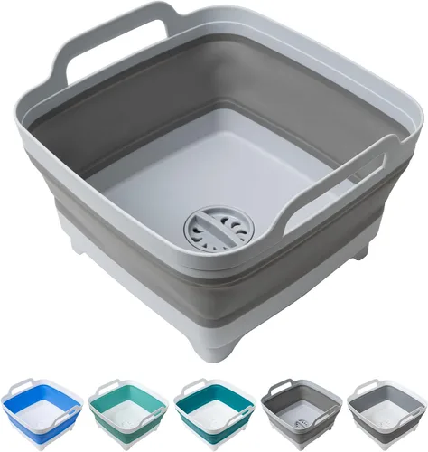 Tiawudi Barreño para lavar platos, lavabo de 2.4 galones/9L con asas de transporte de tapón de drenaje, cubo plegable para limpieza, fregadero