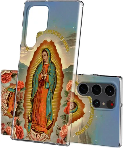 Funda transparente adecuada para Samsung Galaxy S22 Ultra con patrón católico de Guadalupe Virgen María y cuatro esquinas reforzadas a prueba de