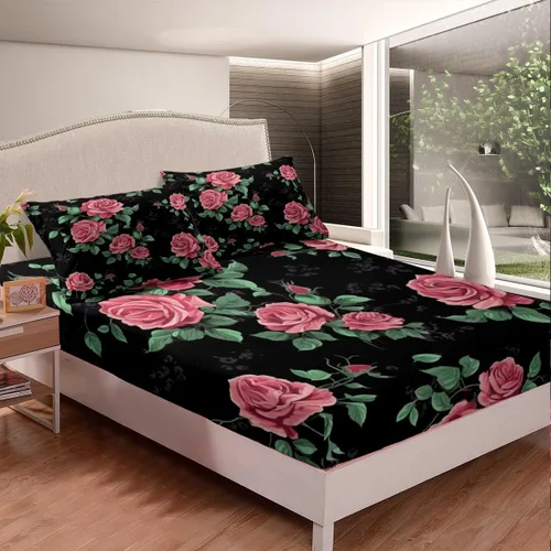 Miniatura 4 de Erosebridal Juego de sábanas de tamaño individual con diseño de rosas rojas, diseño floral rosa, ramas de hojas verdes, sábanas temáticas de plantas
