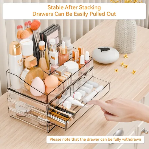 Miniatura 4 de Yieach Organizadores de maquillaje acrílico para mostrador, escritorio y tocador, paquete de 2 organizadores apilables para encimera de baño