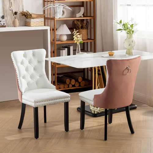 Miniatura 174 de SoarFlash Juego de 2 sillas de comedor de tela de lino, sillas de comedor tapizadas con ribete de cabeza de clavo y patas de madera de color claro