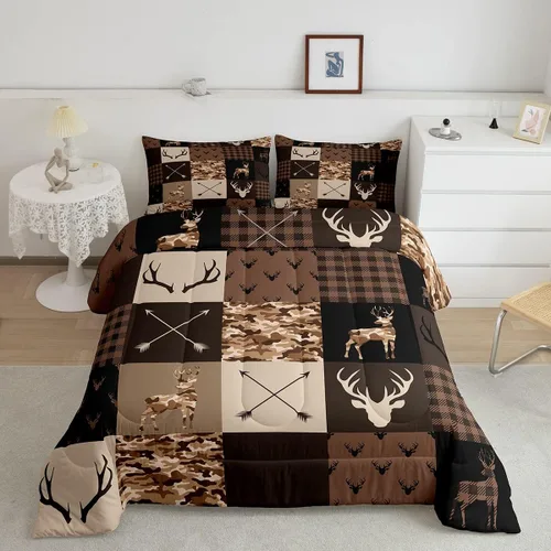 Miniatura 200 de Juego de edredón de cuernos de ciervo tamaño individual, juego de ropa de cama rústica de granja con huellas de oso y pinos para decoración