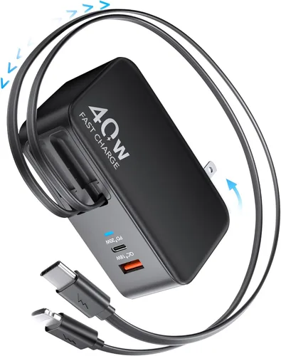 Cargador de pared retráctil 4 en 1 para iPhone 17 USB C, multipuerto de ladrillo esencial de viaje, iluminación de 3 pies + cables tipo C, bloque