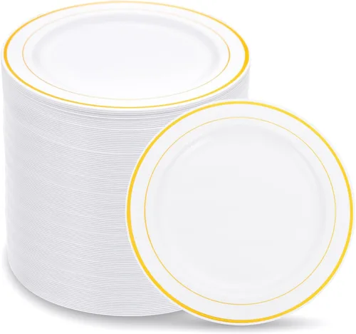 Miniatura 10 de WELLIFE 100 platos de postre de plástico blanco y 100 tenedores desechables dorados, plato duro de postre de alta calidad de 7.5 pulgadas, platos