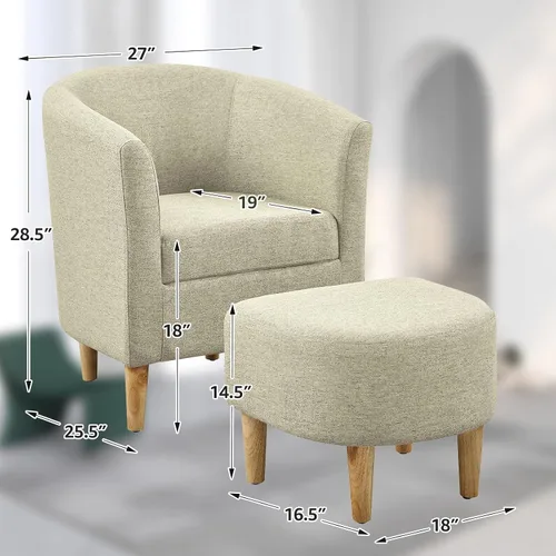 Miniatura 2 de DAZONE Silla de acento, silla barril con otomano, cómoda con reposabrazos, juego de reposapiés estilo mediados del siglo XX, sillas de sala cómodas