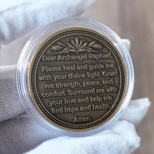 Miniatura 2 de Moneda de desafío Arcángel Rafael – Ficha curativa de aleación de zinc de 1.57 pulgadas con oración inspiradora para fortaleza y paz, para salud