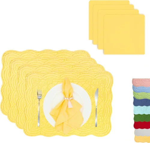 Miniatura 12 de Juego de 4 manteles individuales acolchados de algodón con servilletas a juego, manteles de mesa y servilletas de tela 100% algodón, juego de 8