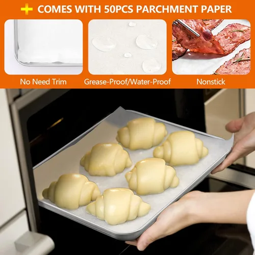 Miniatura 3 de E-far - Juego de 2 bandejas pequeñas para hornear, horno tostador de acero inoxidable de 9.4 x 7.3 pulgadas con 50 papeles pergaminos, mini bandeja