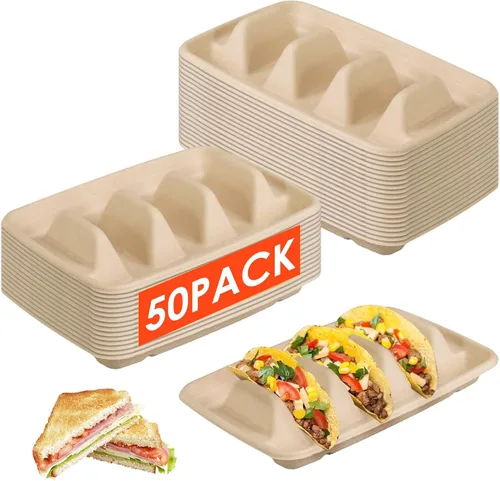 50 soportes desechables para tacos para fiestas, 3 compartimentos, soporte de bandeja de tacos de papel, platos desechables para tacos con