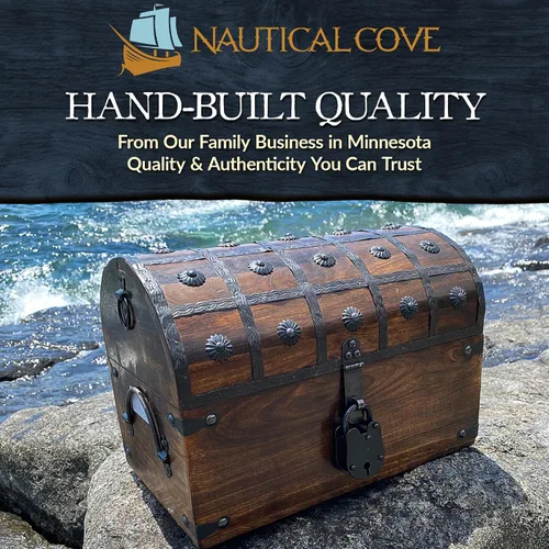 Miniatura 8 de Nautical Cove Cofre del tesoro pirata hecho a mano para premios infantiles y aula con cerradura y llaves de esqueleto, caja de almacenamiento
