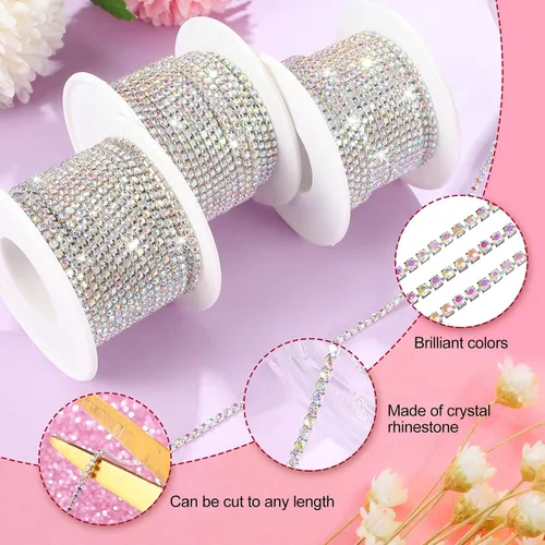 Miniatura 3 de 3 rollos en total de 33 yardas de 0.079 pulgadas (0.079 in) con diamantes de imitación de cristal, cadena de copa de garra de cristal, costura