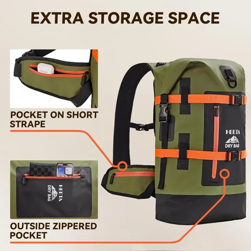 Miniatura 5 de HEETA - Bolsas secas impermeables para hombres y mujeres, mochila de 40 L, con parte superior enrollable, mochila de senderismo resistente para Verde
