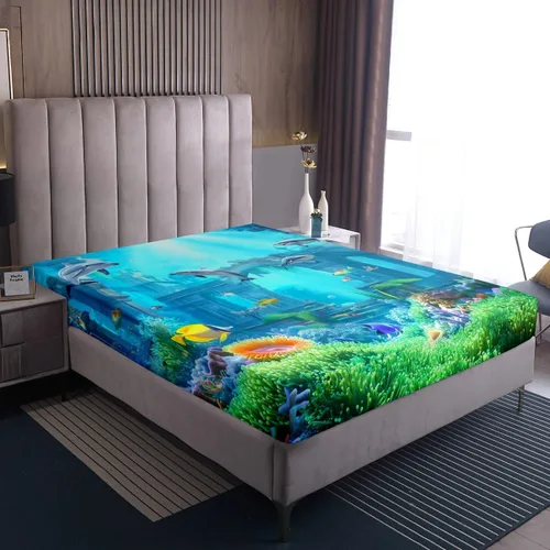 Miniatura 7 de Erosebridal Juego de sábanas 3D de mundo submarino con diseño de peces de playa, azul mar, tamaño individual, sábana bajera ajustable con diseño