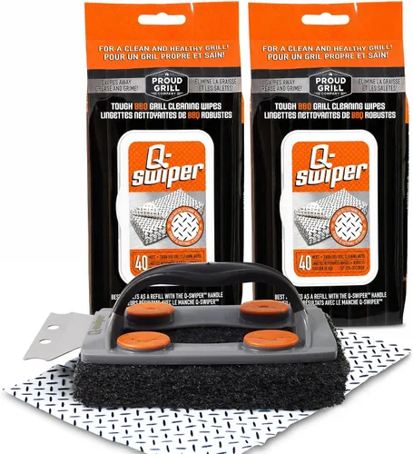 Miniatura 11 de Proud Grill Q-Swiper - Juego de limpiador de parrilla para barbacoa, 1 cepillo de parrilla con raspador y 25 toallitas de limpieza para parrilla
